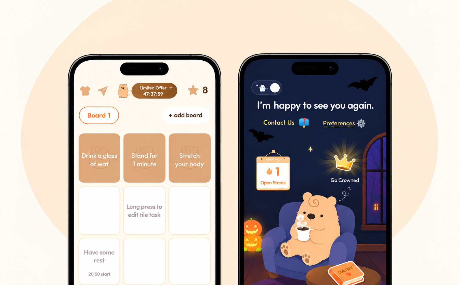 Bingodays app showing a reward board and an illustrated hamster