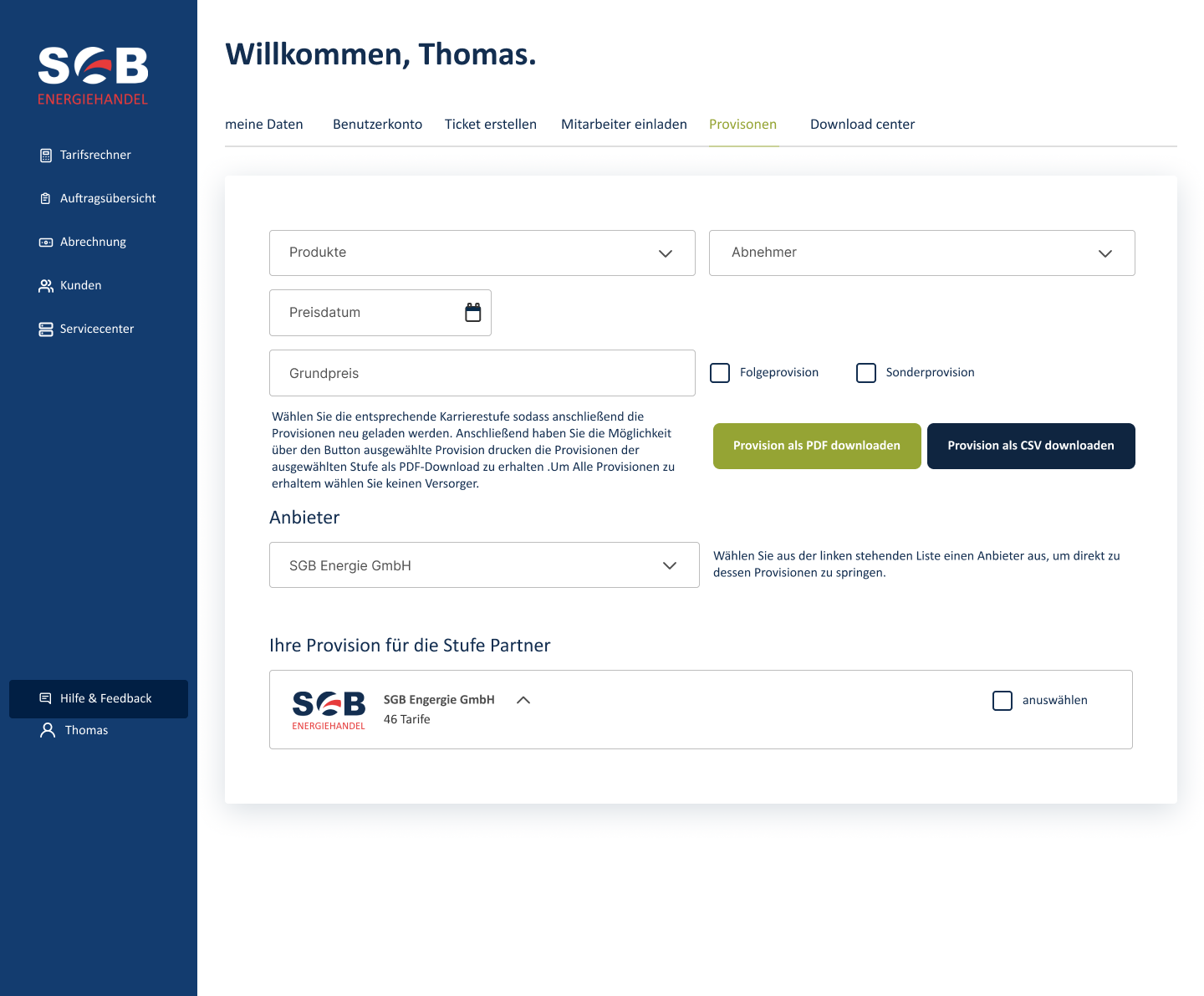 Commission page with persistent account tabs, filters, providers and export actions