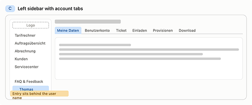 Navigation wireframe C with a fixed left sidebar and account tabs