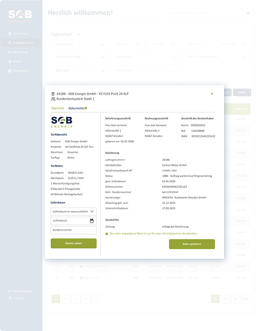 Order preview panel showing tariff and customer details