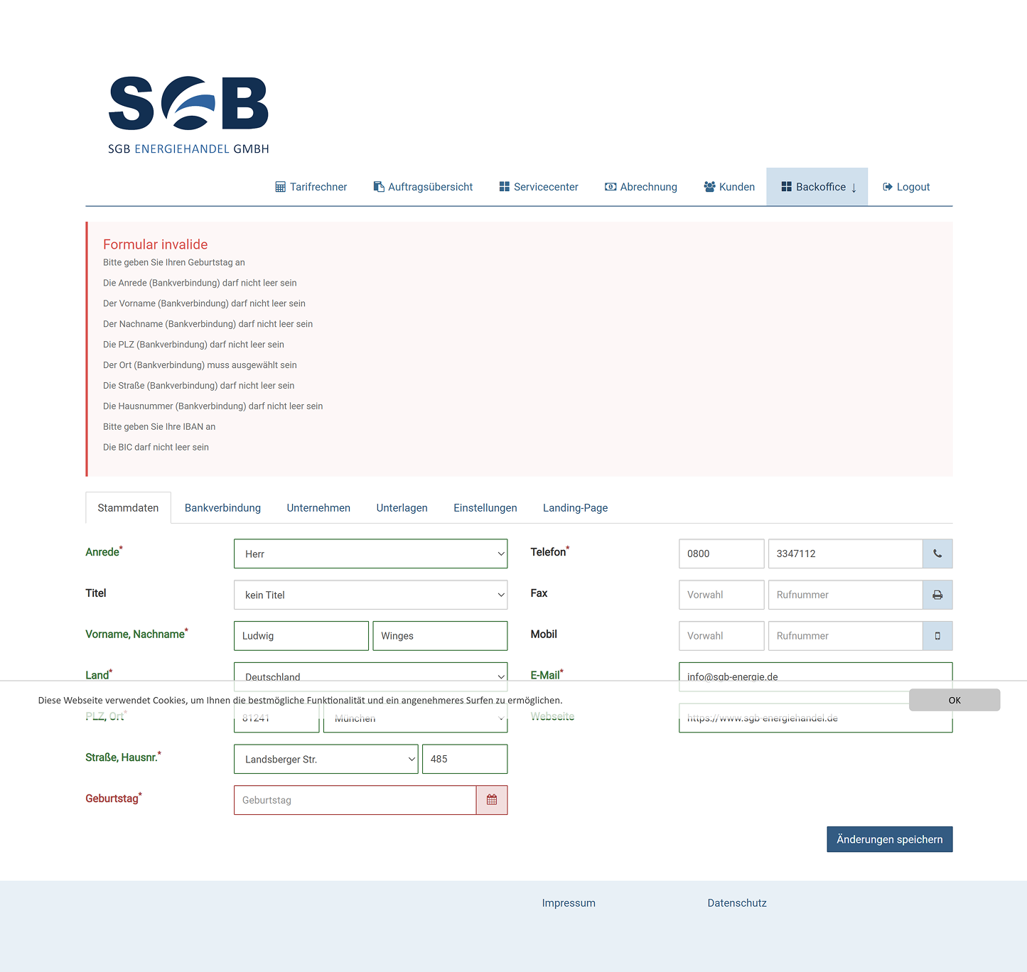 Original account interface with top navigation and form error messages