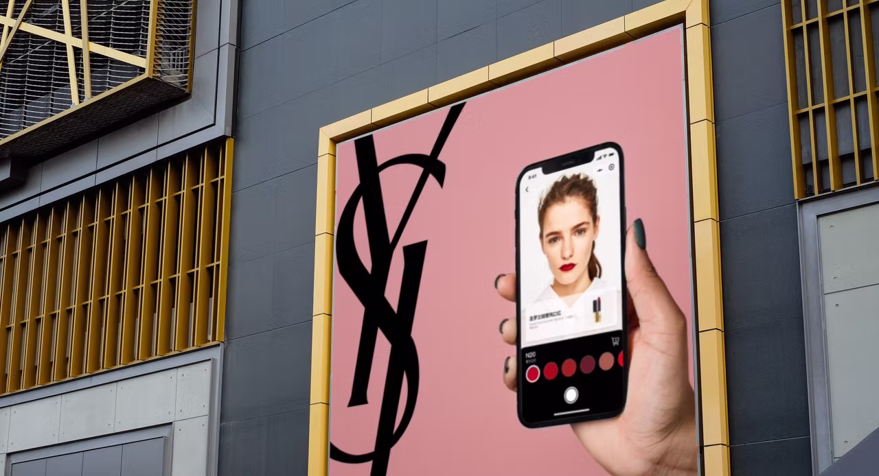 YSL Beauté virtual try-on campaign displayed on a building facade